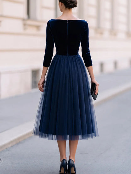 Velvet Tulle Midi Dress For Cocktail, Wedding Guest & Formal Evening Occasions