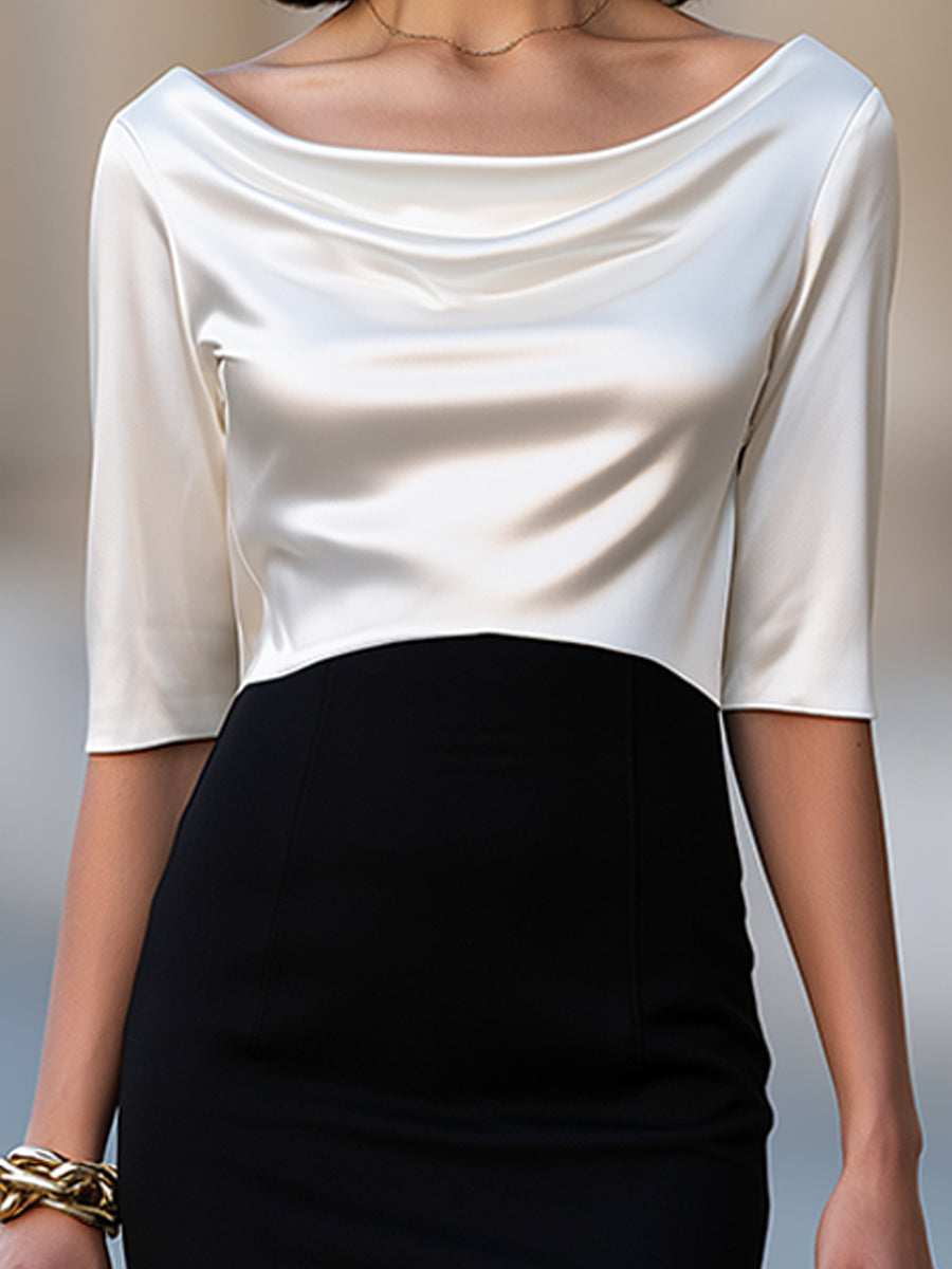 Elegant Satin Draped Neck Black Midi Dress