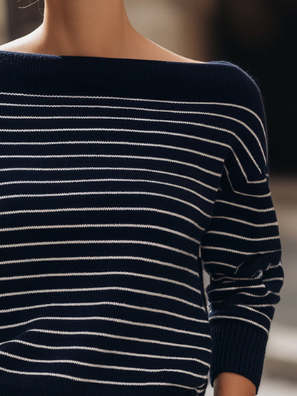Elegant Striped Boat-Neck Knit Sweater
