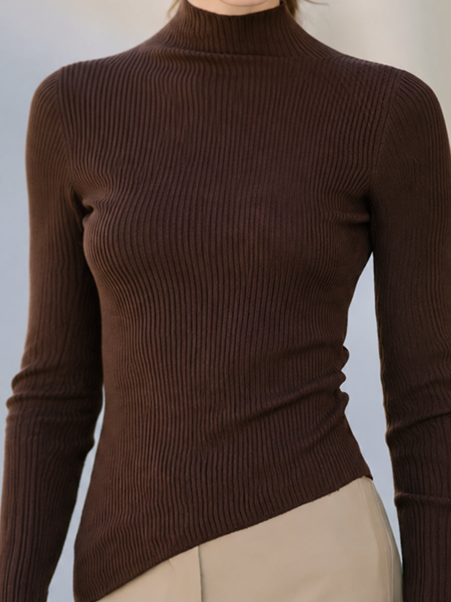 Mock-Neck Asymmetric Ribbed Knit Top