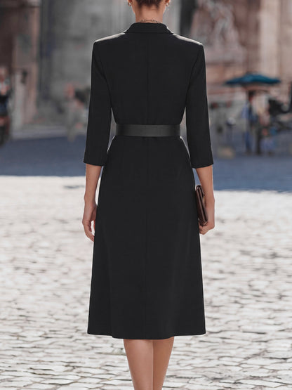 Notched Lapel Three-Quarter Sleeve Belted A-Line Midi Dress