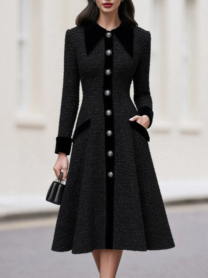 Sparkle Tweed Velvet Collar Cuff Fit & Flare Midi Coat Dress