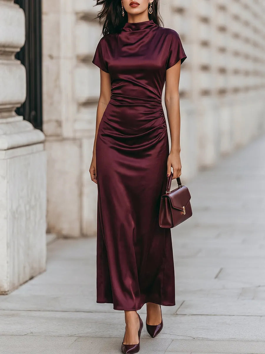 Draped High Neck Satin Ruched Waist Maxi Dress