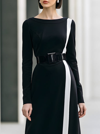 Contrast Stripe Belted Maxi Dress