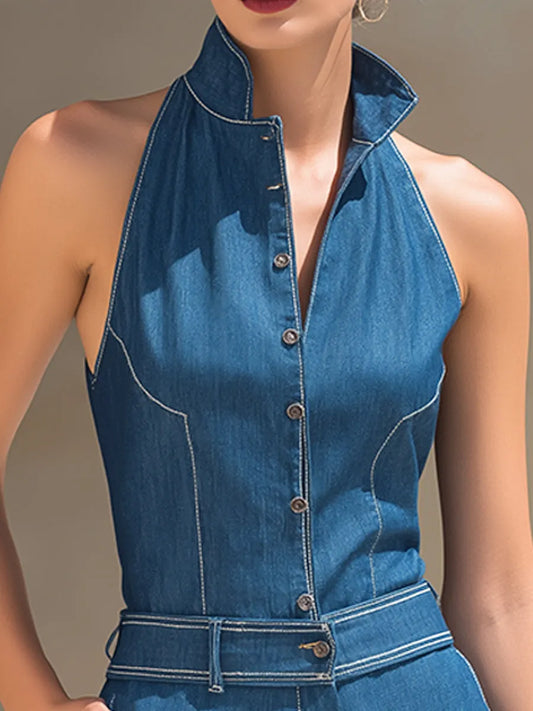 Structured Halter Denim Culotte Jumpsuit