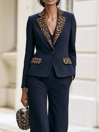 Leopard Print Contrast Lapel  Blazer & Cropped Straight Trousers Two-Piece Suit
