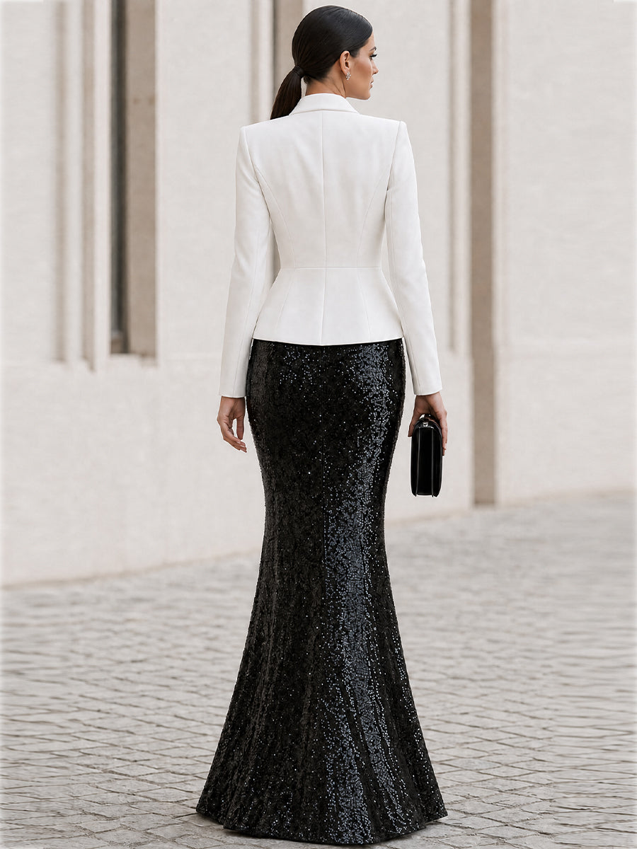 Shawl Lapel Peplum Blazer & Split Sequin Mermaid Maxi Skirt Two-Piece Set