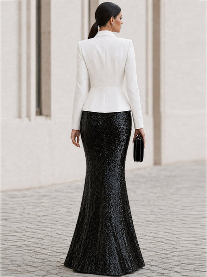 Shawl Lapel Peplum Blazer & Split Sequin Mermaid Maxi Skirt Two-Piece Set