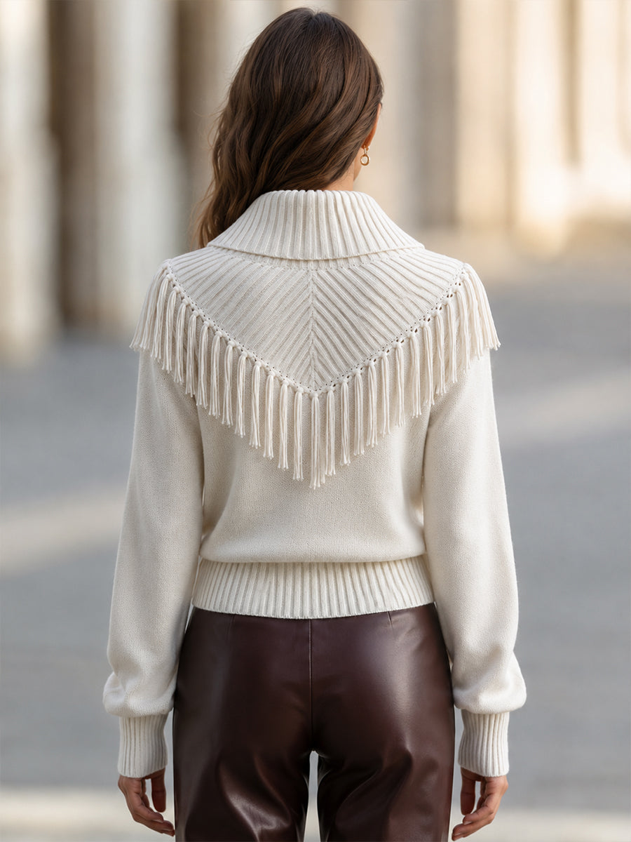 Fringe-Trim Cowl Neck Knit Sweater