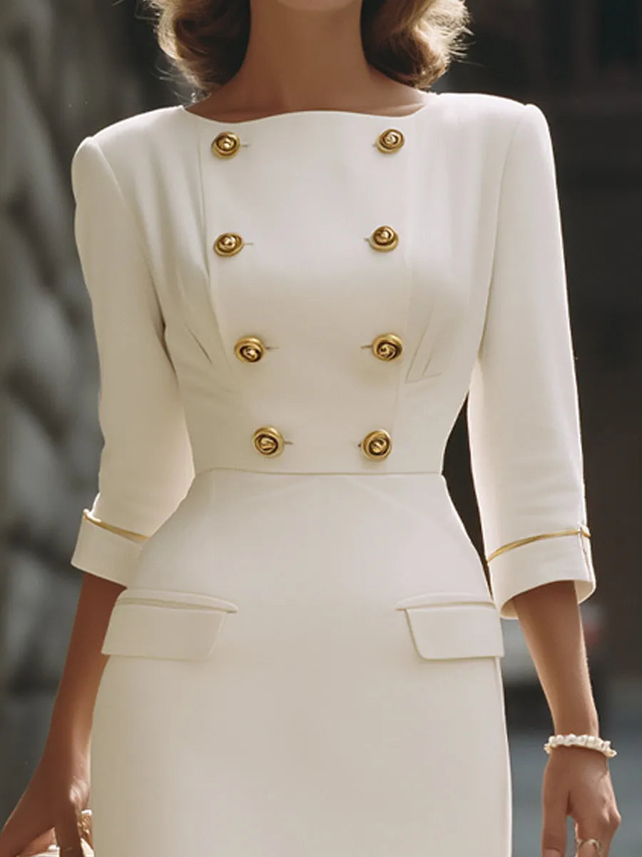 Gold Button Double-Breasted Tailored Midi Dress
