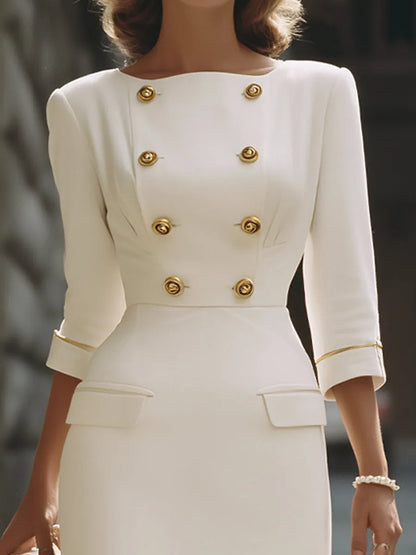 Gold Button Double-Breasted Tailored Midi Dress