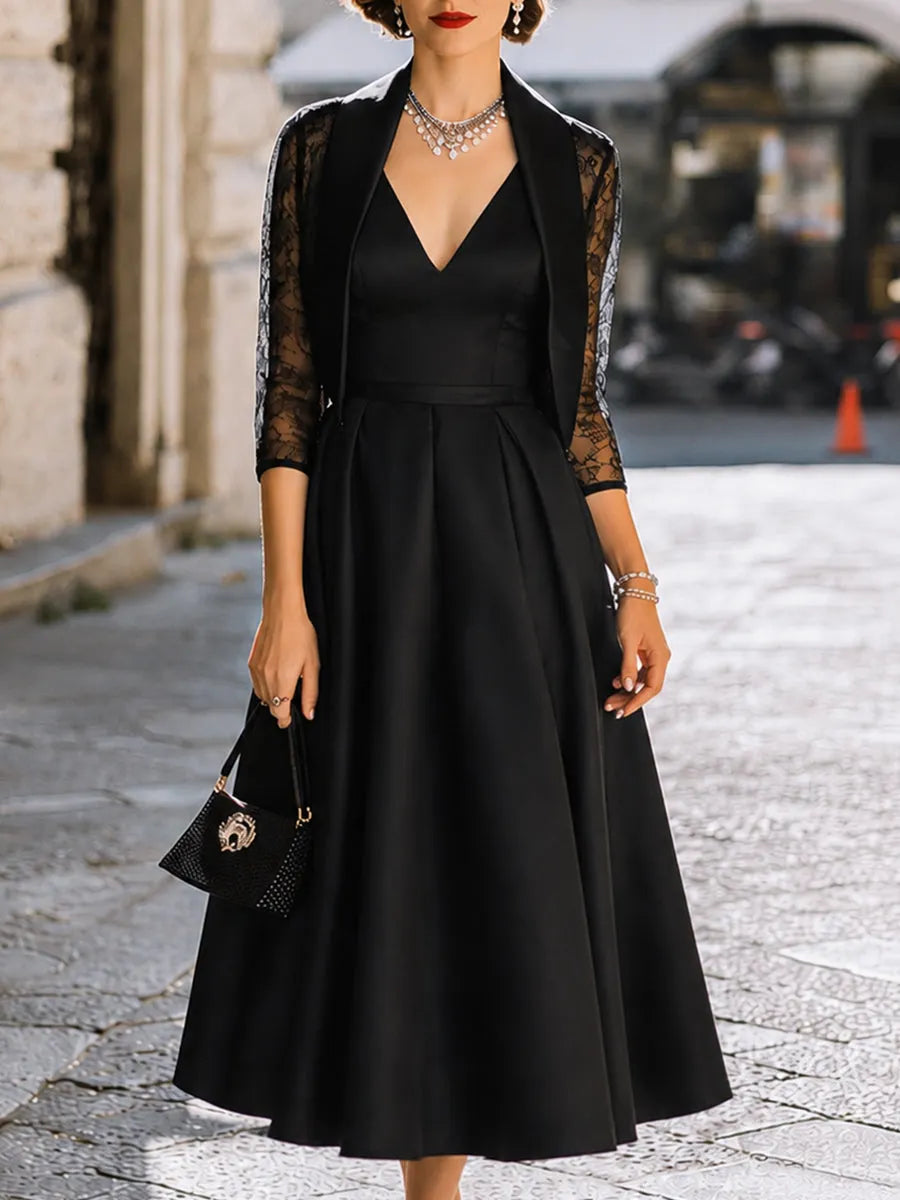 Satin V-Neck Midi Dress & Lace Sleeve Blazer Two-Piece Set