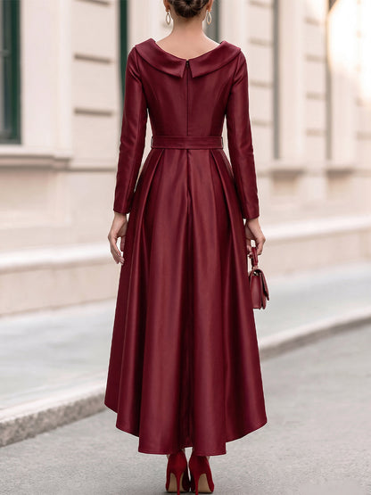 Fold Over Collar Long Sleeve Belted High Low Midi Swing Dress