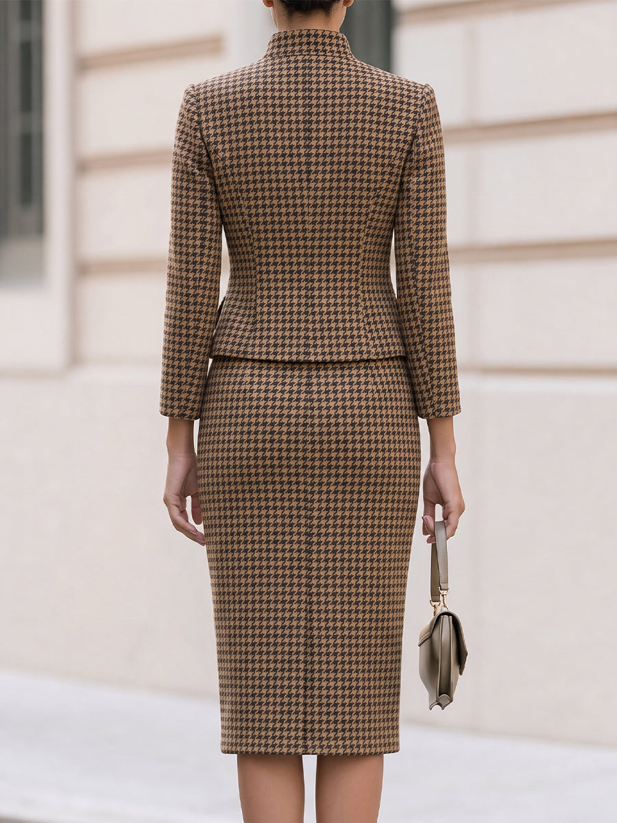 Houndstooth Stand Collar Jacket & Pencil Midi Skirt Two-Piece Co-Ord Set