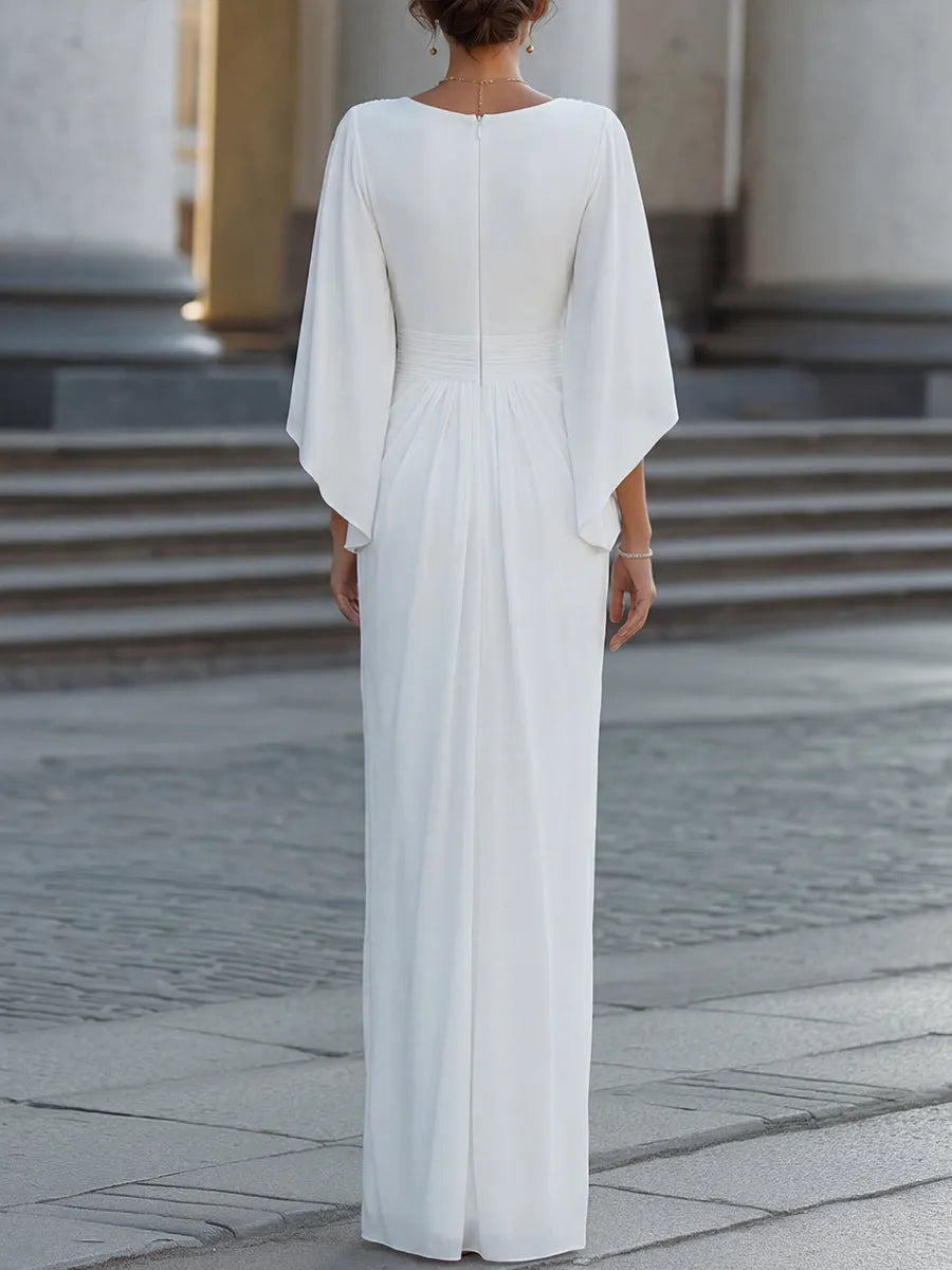 Plunging V-Neck Pleated Ruched Cape Sleeve Maxi Dress