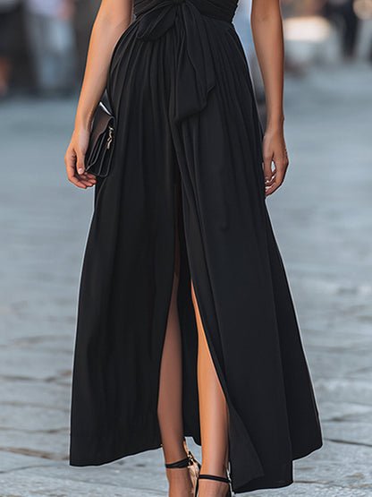 Deep V-Neck Tie-Front Flowing Maxi Dress
