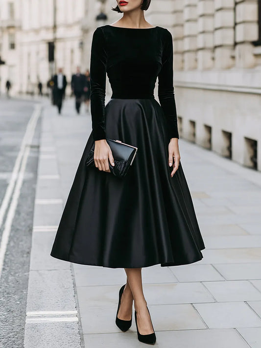 Robe Midi Trapèze en Velours à Corsage