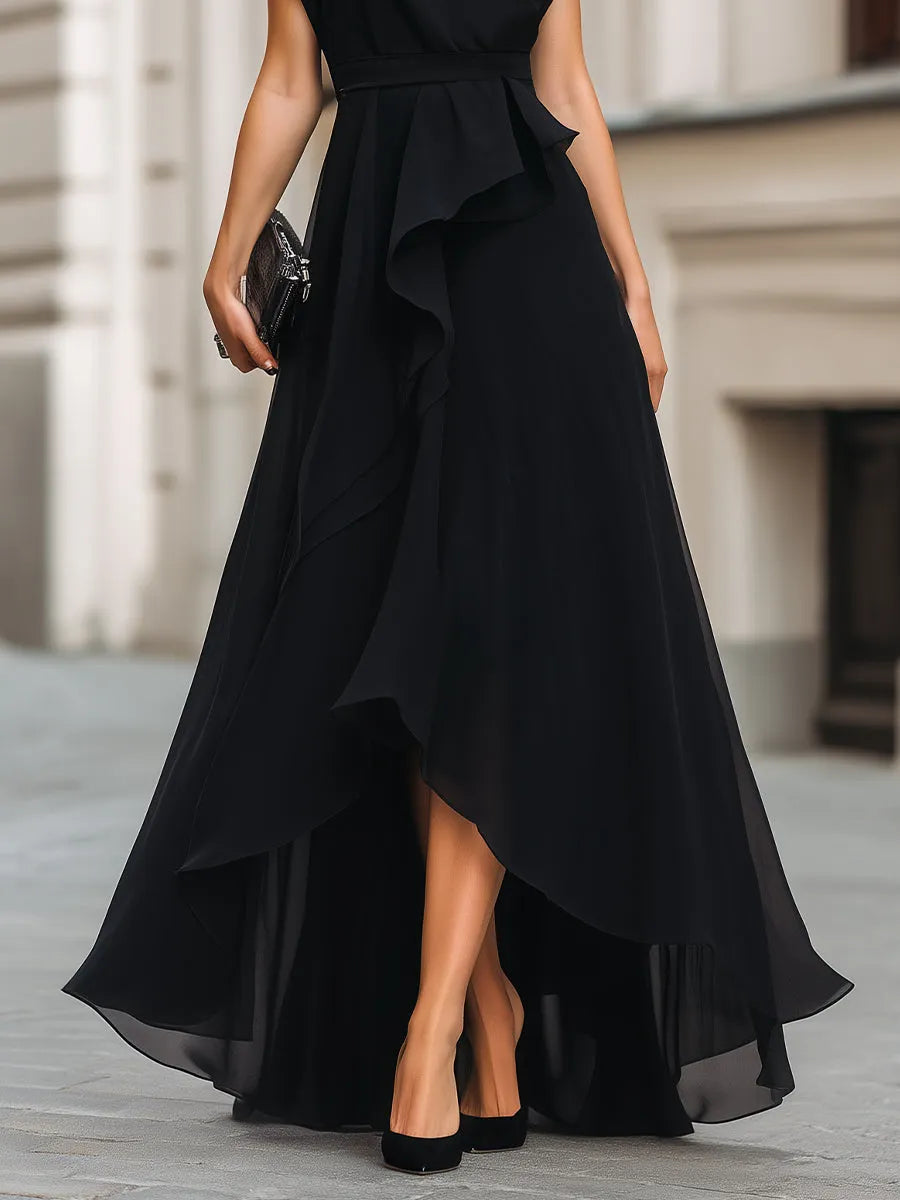 Asymmetric Ruffle High-Low Maxi Dress With Defined Waist