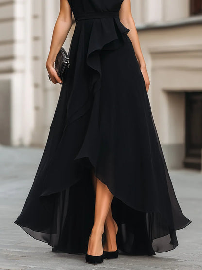 Asymmetric Ruffle High-Low Maxi Dress With Defined Waist