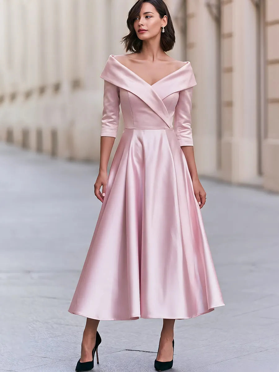 Satin Off-Shoulder A-Line Midi Dress