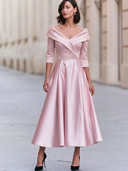 Satin Off-Shoulder A-Line Midi Dress