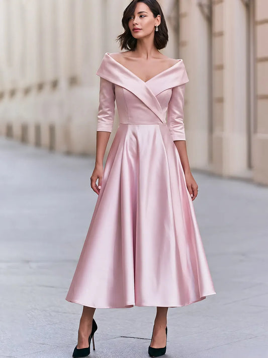 Satin Off-Shoulder A-Line Midi Dress