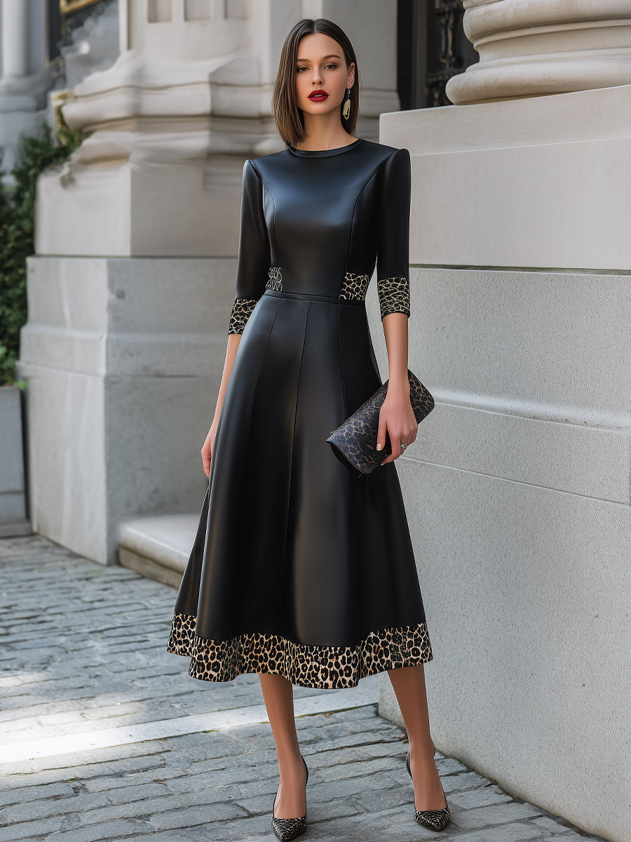 Faux Leather Contrast Leopard Trim Midi Dress
