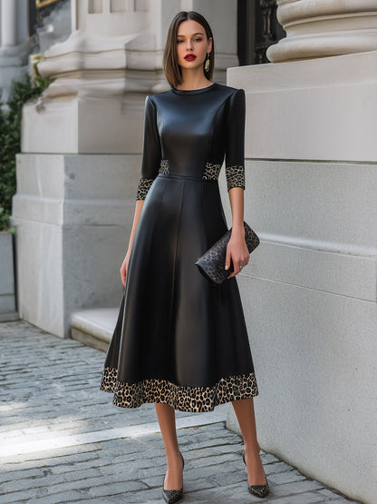 Faux Leather Contrast Leopard Trim Midi Dress