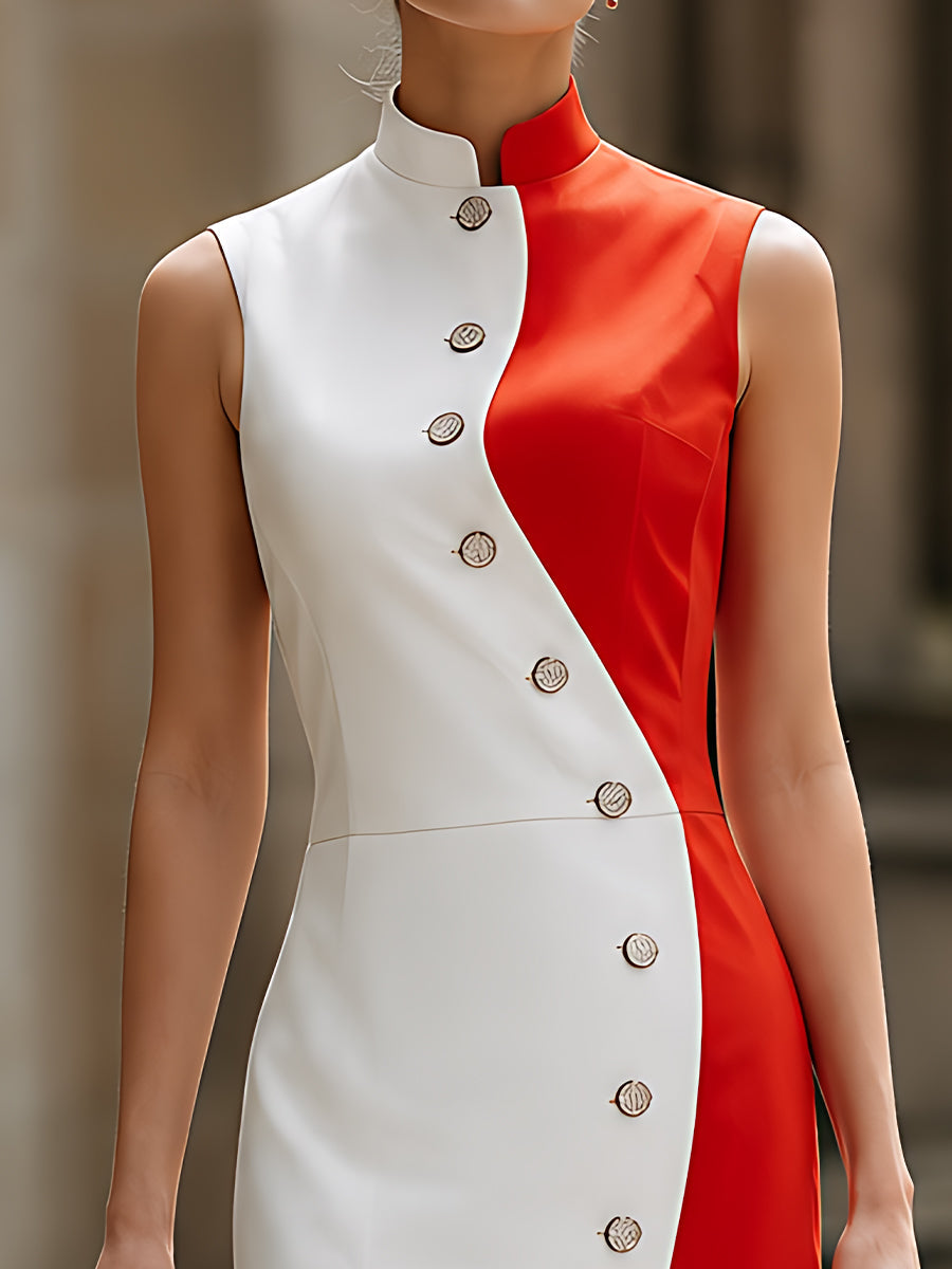 Color-Block Stand-Collar Button-Detail Midi Dress
