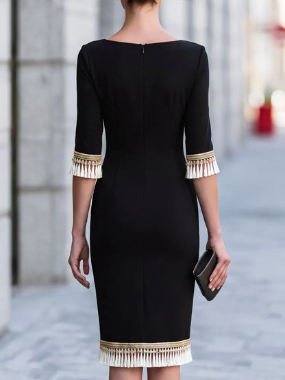 Tassel Trim Boat Neck Slim-Fit Midi Dress