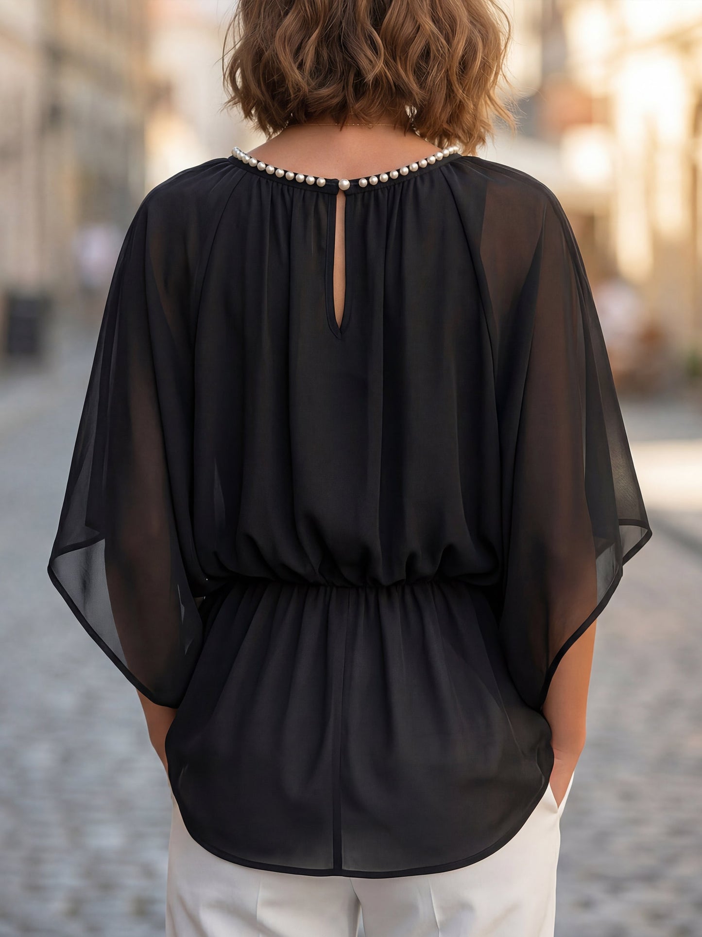 Pearl Embellished Crew Neck Gathered Cape Blouse