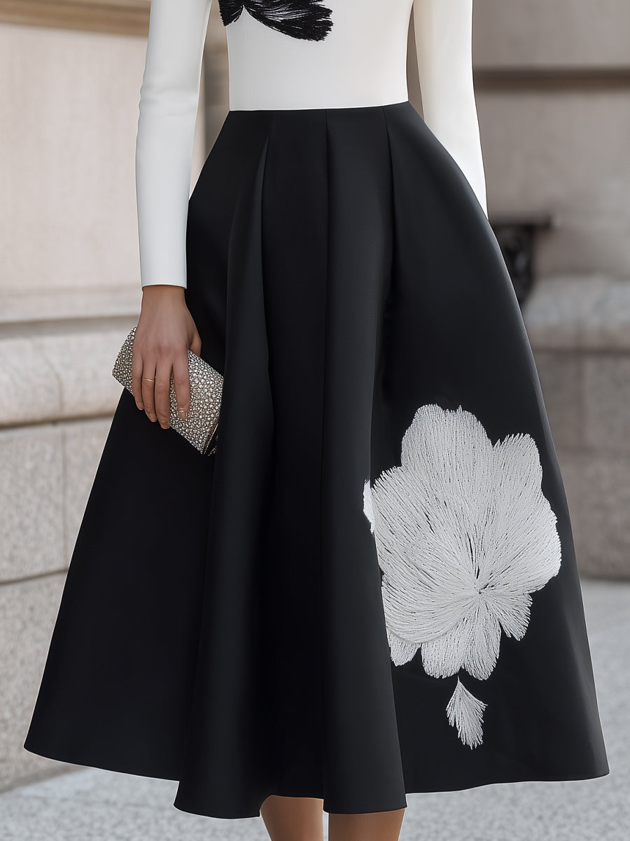 Elegant Contrast Floral Embroidery Long Sleeve Midi Dress