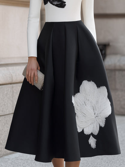 Elegant Contrast Floral Embroidery Long Sleeve Midi Dress