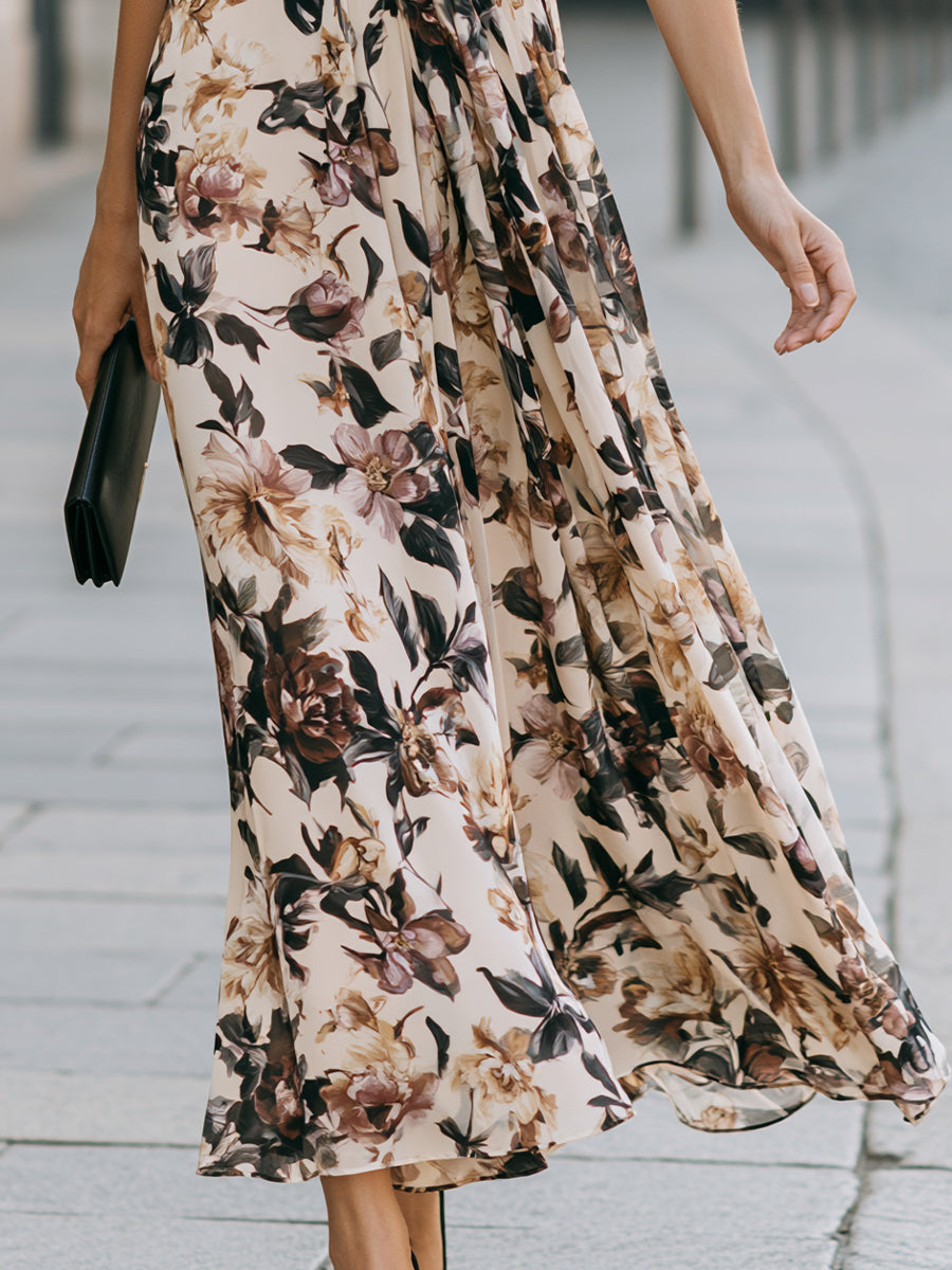 Elegant Floral Wrap Maxi Dress With Tie Waist And Flutter Sleeves
