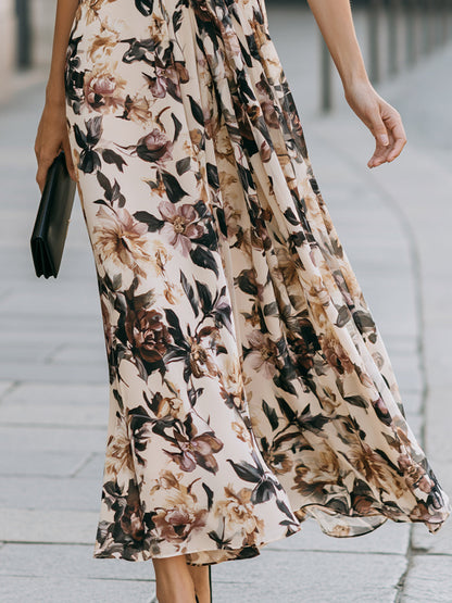 Elegant Floral Wrap Maxi Dress With Tie Waist And Flutter Sleeves