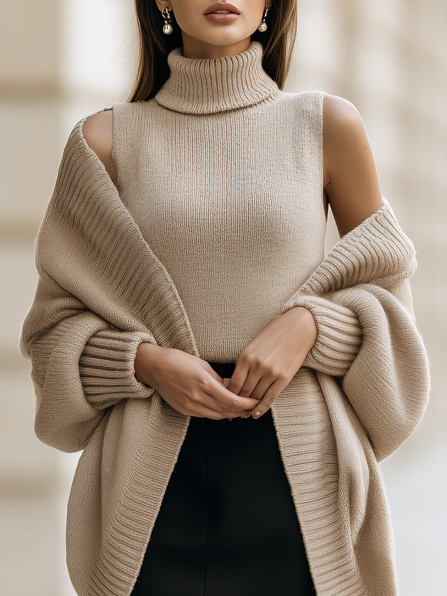 Sleeveless Turtleneck and Oversized Cardigan Two-Piece Set