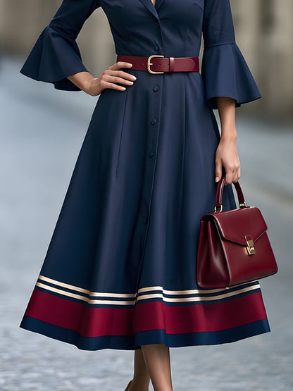 Structured Button-Front Flared Midi Dress