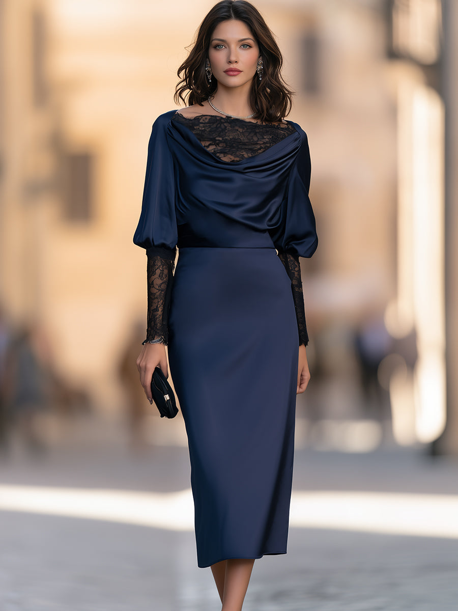 Elegant Draped Satin Cowl Neck Midi Dress