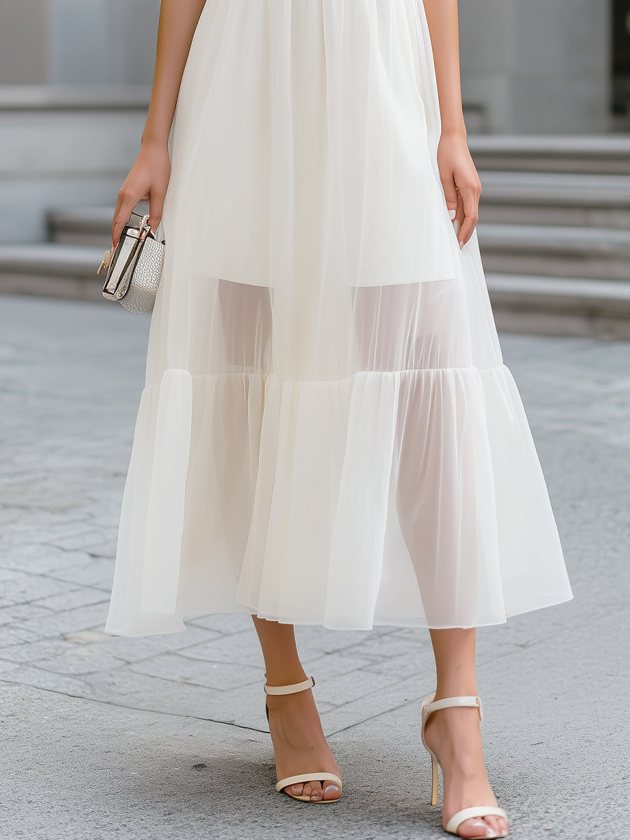 Halter-Neck Chiffon Tiered Midi Dress With Sheer Panels