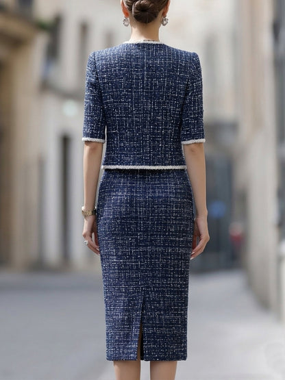 Tweed Two-Piece Set: Short-Sleeve Trimmed Jacket & Pencil Skirt