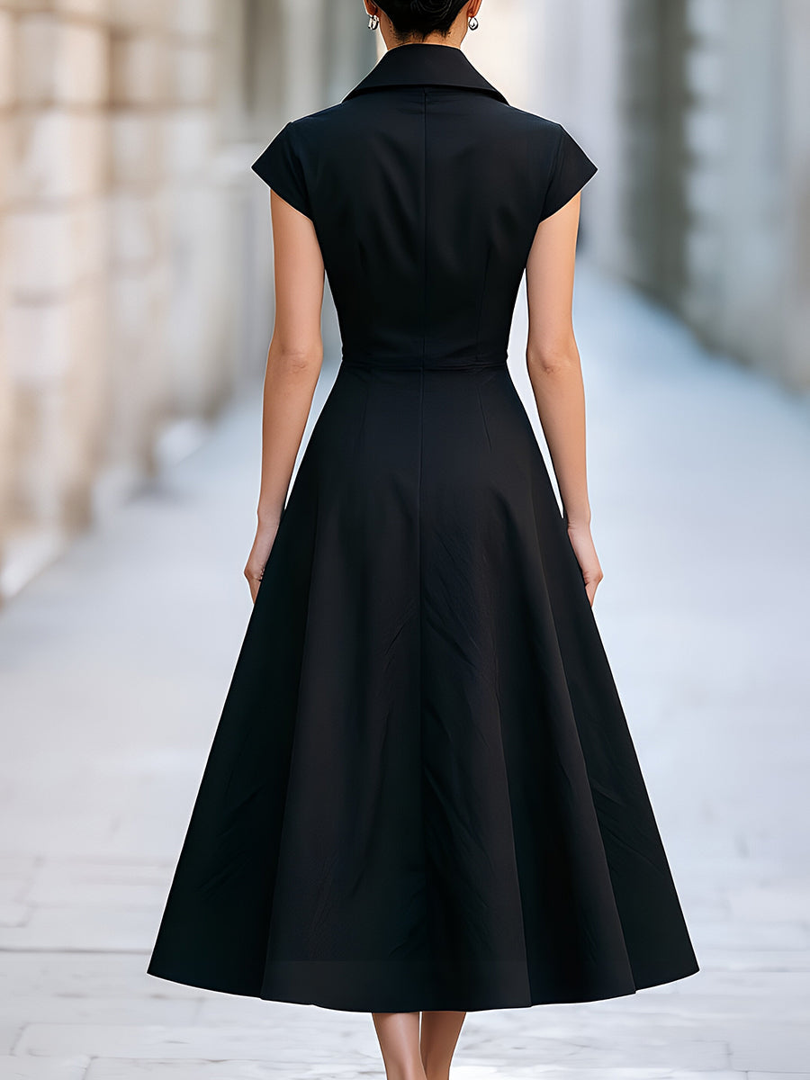 Notched Lapel Cap Sleeve Fit-and-Flare Midi Dress