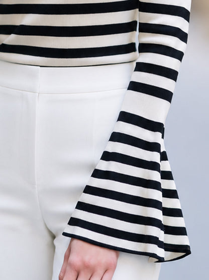 Striped Mock-Neck Bell-Sleeve Knit Top