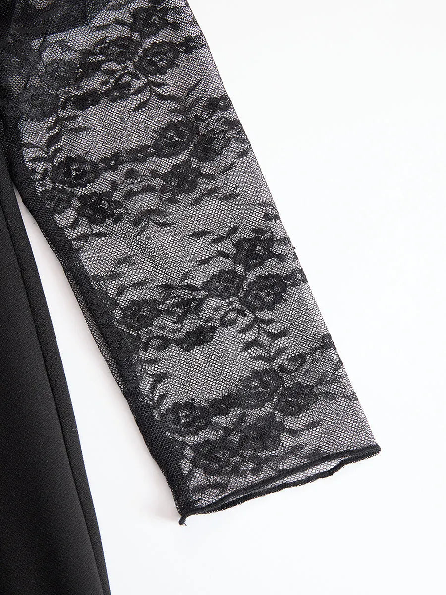 Sophisticated Black Blazer-Style Lace Midi Dress