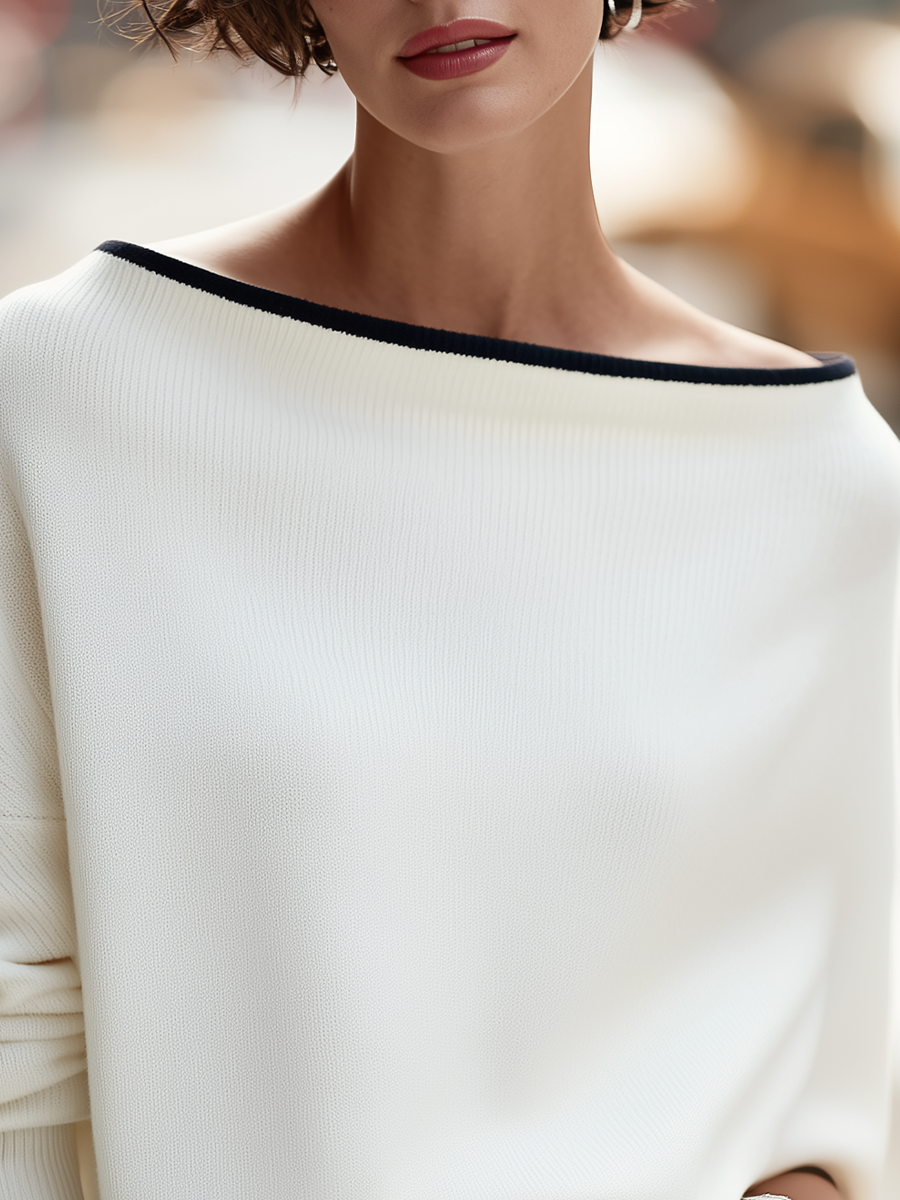 Contrast-Trim Boat-Neck Dolman Sleeve Oversized Knit Sweater