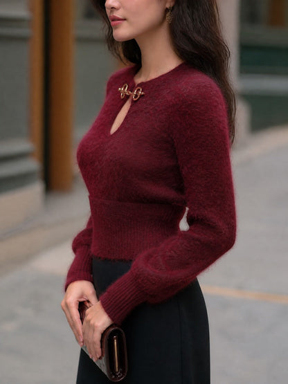 Fuzzy Knit Keyhole Waist-Defined Sweater
