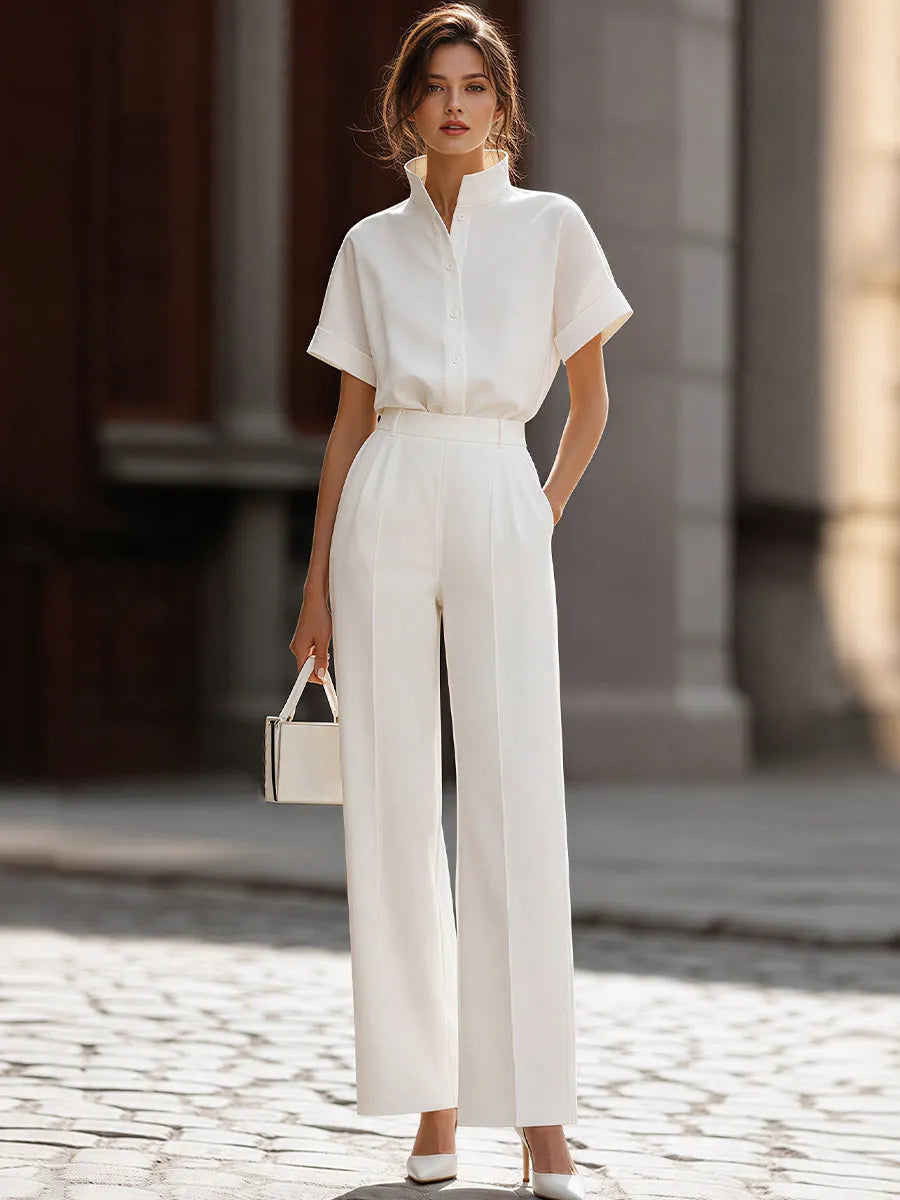 Mandarin-Collar Short-Sleeve Shirt & High-Waisted Wide-Leg Trousers Two-Piece Suit
