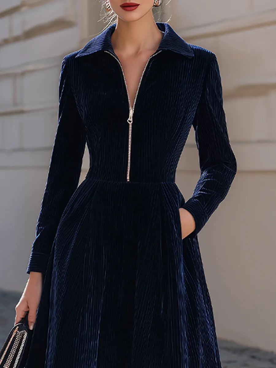 Vertical Corduroy Lapel Zip Front Midi Fit-and-Flare Dress