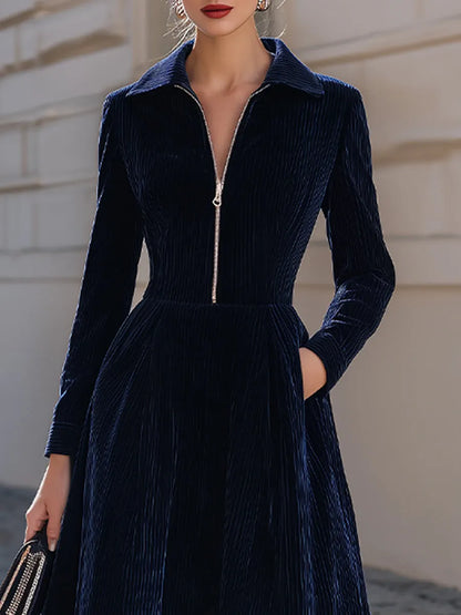 Vertical Corduroy Lapel Zip Front Midi Fit-and-Flare Dress