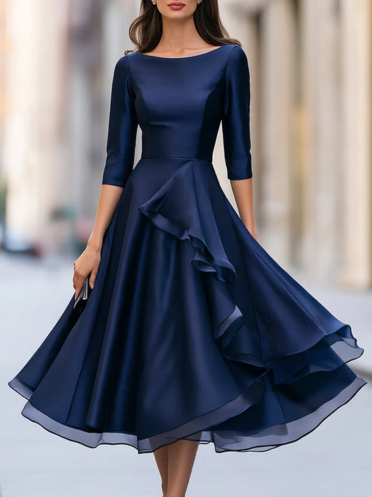 Robe midi élégante trapèze bleu marine à volants
