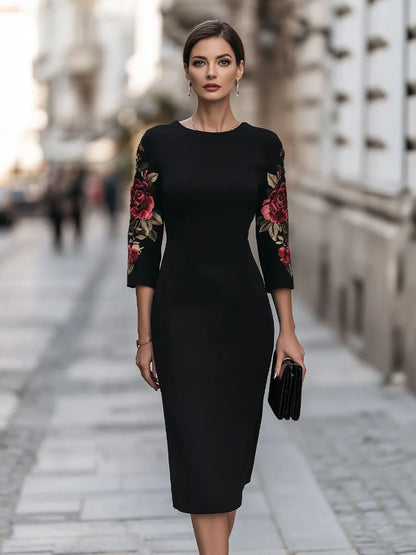 Floral Embroidery Sleeve Sheath Midi Dress